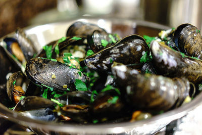 Close-up of mussels served in bowl