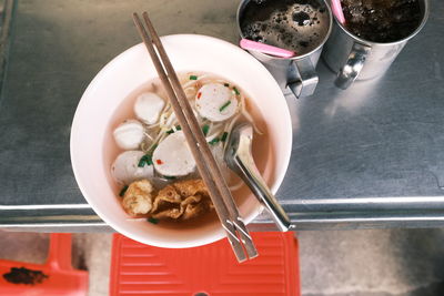 High angle view of soup in bowl