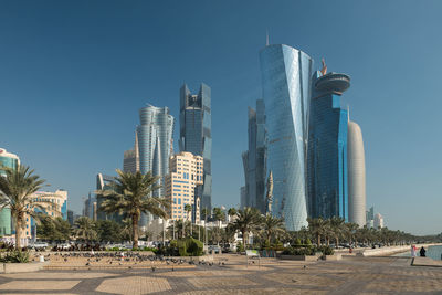 Panoramic view of city against clear blue sky