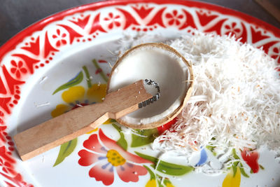 High angle view of food in plate on table