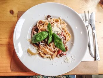 High angle view of food in plate on table