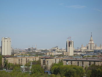 High angle view of buildings against clear sky
