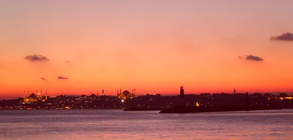 View of buildings at waterfront during sunset