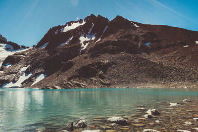 Scenic view of mountains against clear blue sky