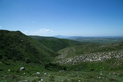 Scenic view of landscape against clear blue sky