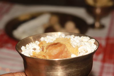 Close-up of ice cream in bowl on table