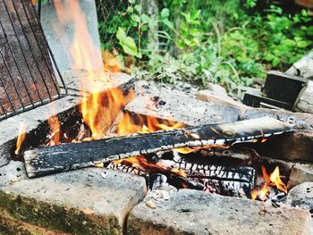 Close-up of bonfire on barbecue grill