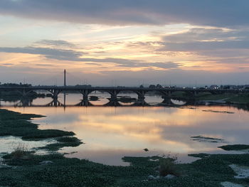 Scenic view of river against sky at sunset