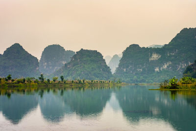 Karst mountain landscape at sunset, ninh binh, vietnam