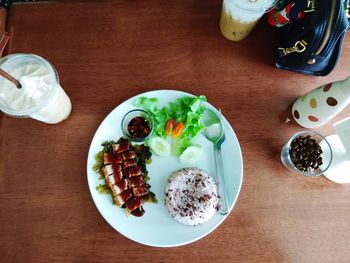 High angle view of breakfast served on table