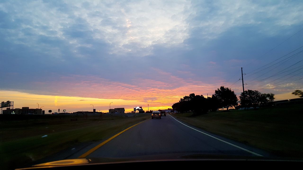 sunset, sky, car, transportation, cloud - sky, land vehicle, road, windshield, silhouette, no people, nature, car point of view, beauty in nature, tree, outdoors, day