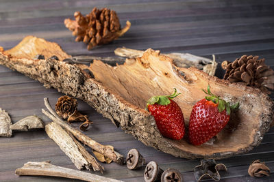 High angle view of strawberries on table