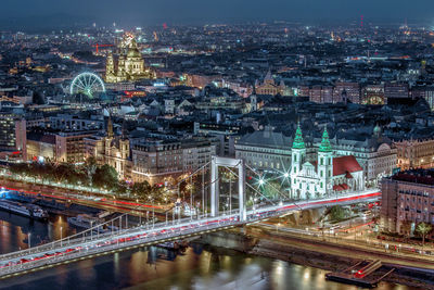 Budapest aerial night panorama over saint istvan cathedral, hungary