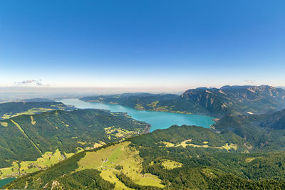 View of alps mountain with attersee lake from schafberg mountain, austria