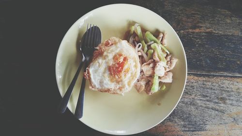 High angle view of food in plate on table