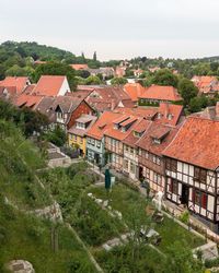 High angle view of townscape against clear sky