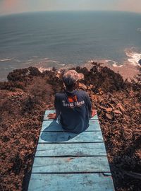 Rear view of man sitting on shore