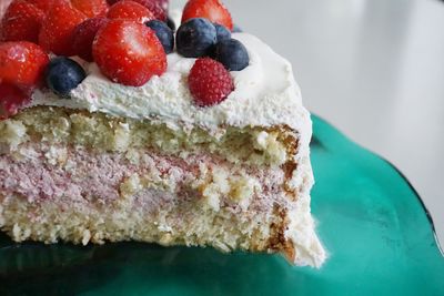 Close-up of fruitcake served in plate on table