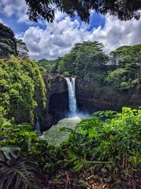 Scenic view of waterfall in forest against sky