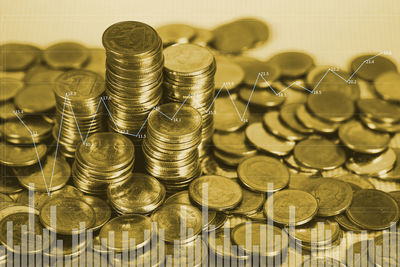 High angle view of coins