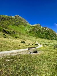 Scenic view of field against clear blue sky