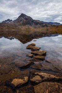 Rocks in lake against sky