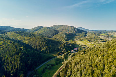 Mountain village and agricultural fields, aerial view. nature landscape
