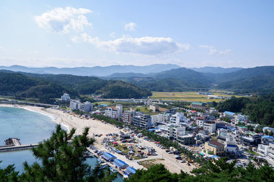 High angle view of townscape against sky