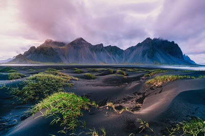 Panoramic view of lake and mountains against sky