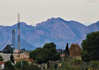 Panoramic view of buildings and mountains against clear sky