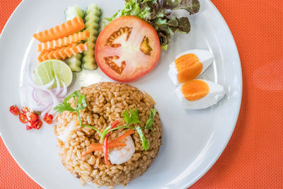 High angle view of food served on table