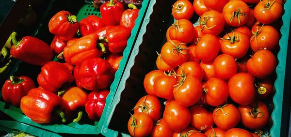 High angle view of tomatoes for sale at market stall