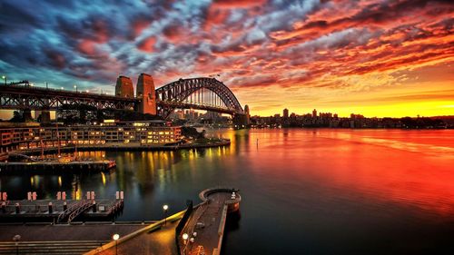 Illuminated bridge over river during sunset