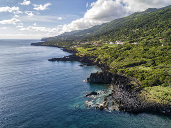 Scenic view of sea and mountains against sky