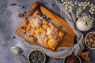 High angle view of dessert on wood