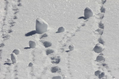 High angle view of footprints on snow covered field