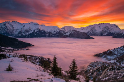 Scenic view of snowcapped mountains against sky during sunset