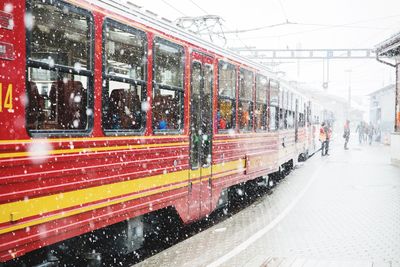 Train in city during winter