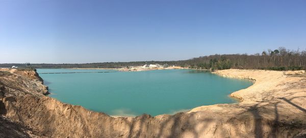 Panoramic view of sea against clear blue sky