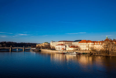 Buildings by river against blue sky