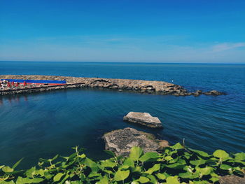 Scenic view of sea against blue sky