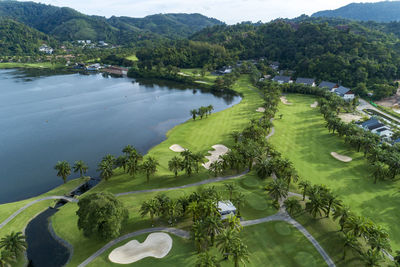 High angle view of lake amidst trees