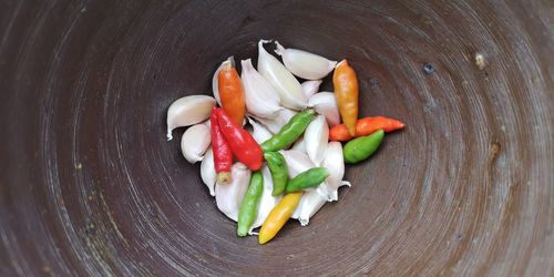 High angle view of chopped vegetables in container