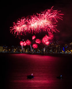 Firework display over river at night