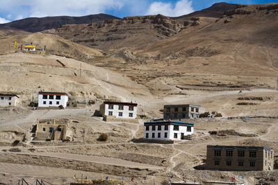 High angle view of houses and mountains