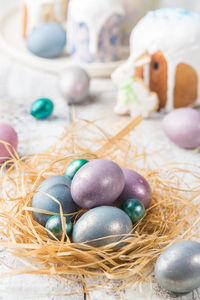 Close-up of easter eggs on table