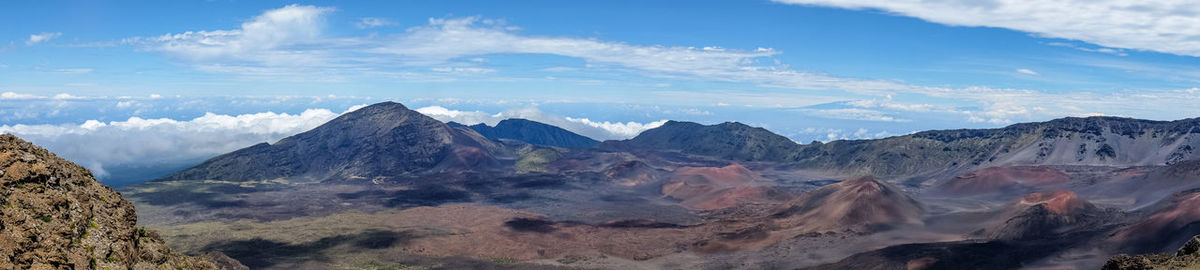 Panoramic view of mountain range against cloudy sky