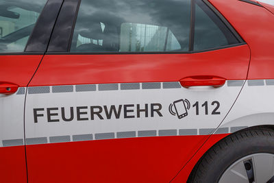 Typical german fire department car in nuremberg, germany. fire department  translation feuerwehr