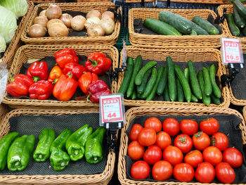 High angle view of vegetables for sale at market stall