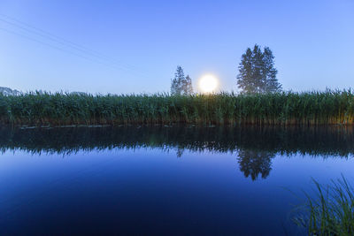 Scenic view of lake against clear blue sky